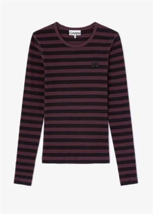 Soft cotton stripe rib longsleeve bluse Chocolate Plum A1050066 Ganni 